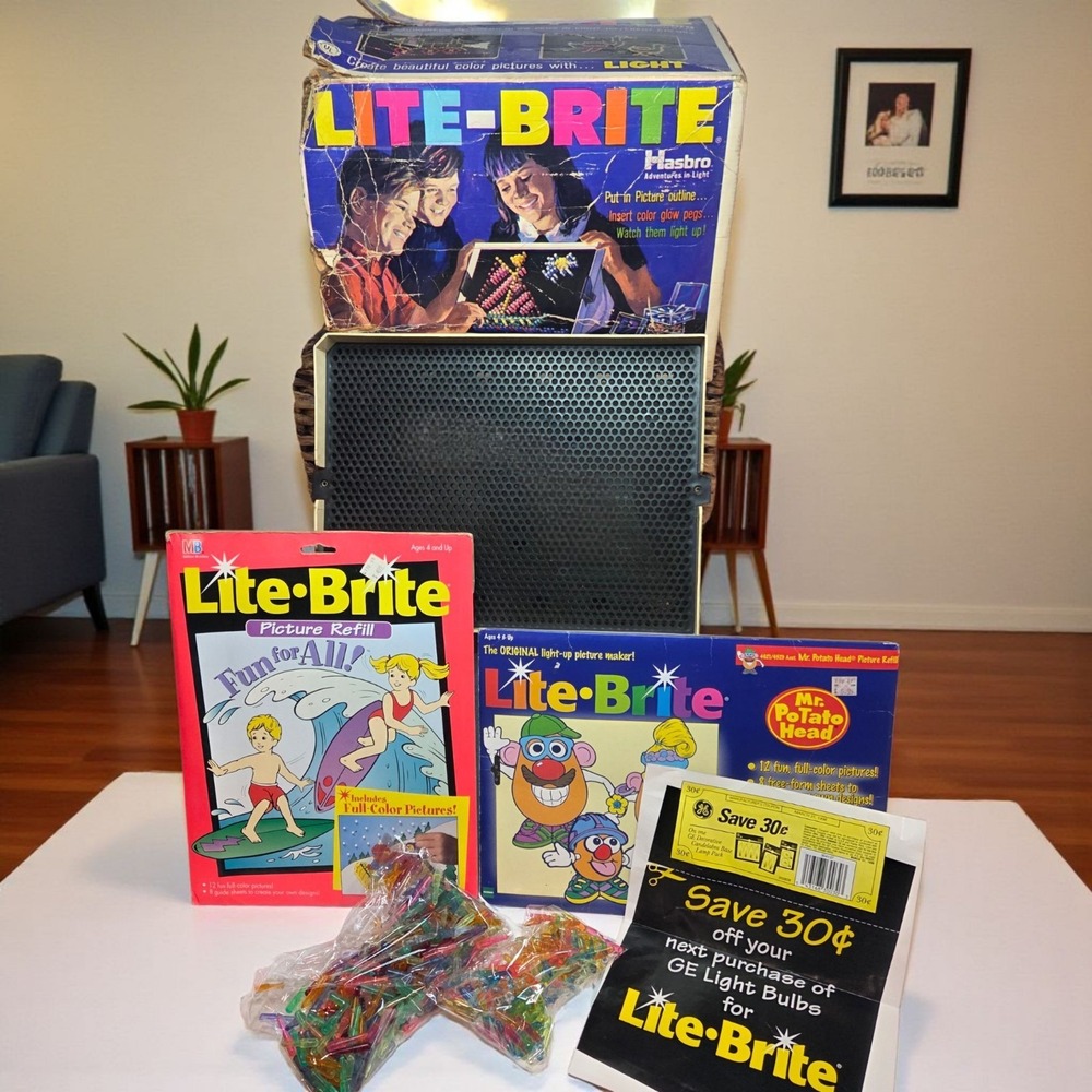 Vintage 1969 Hasbro Lite-Brite Plug-In Light Box w/ Box Pegs & 1990s Refill WORK